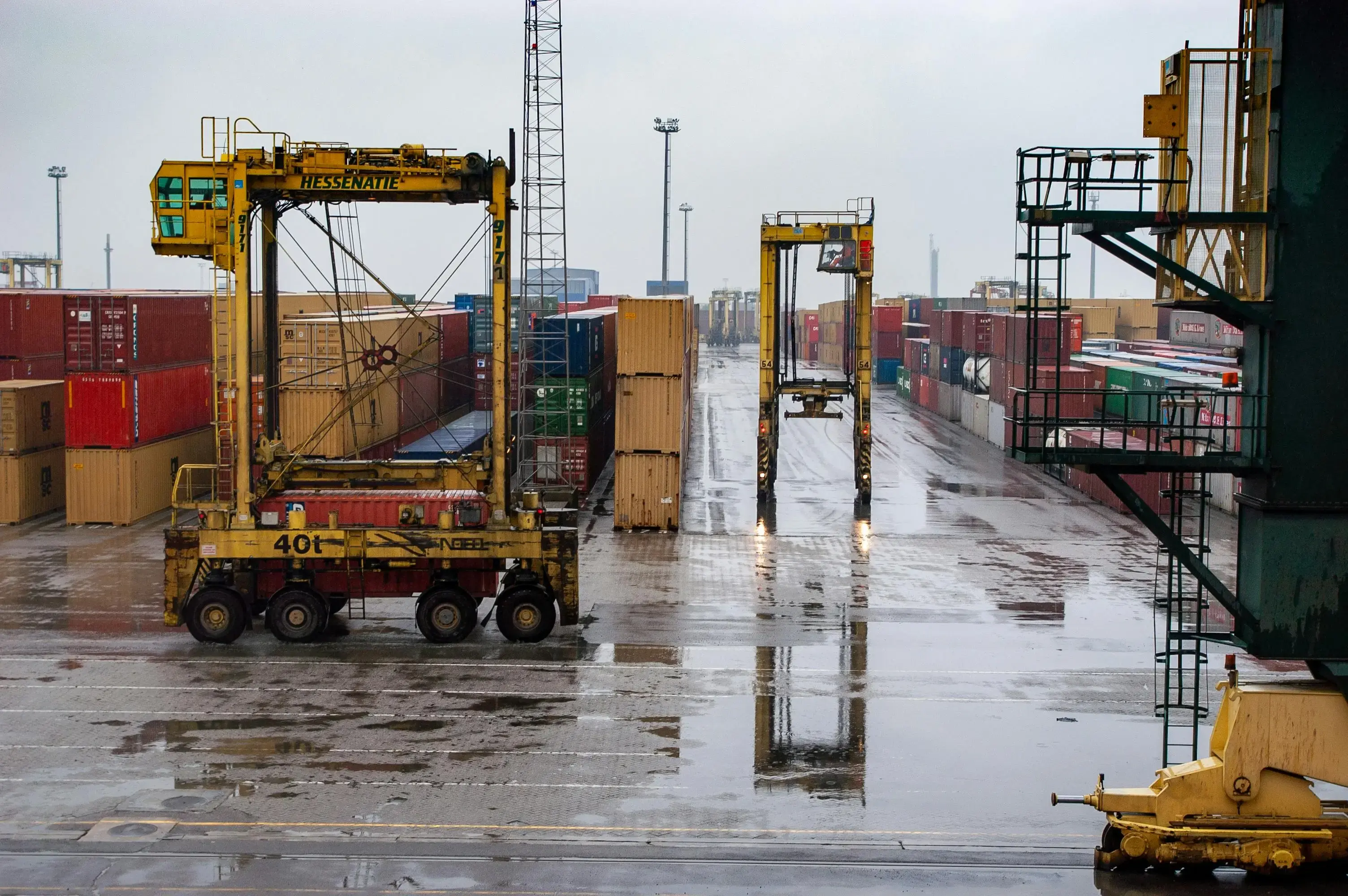 container yard on a rainy day